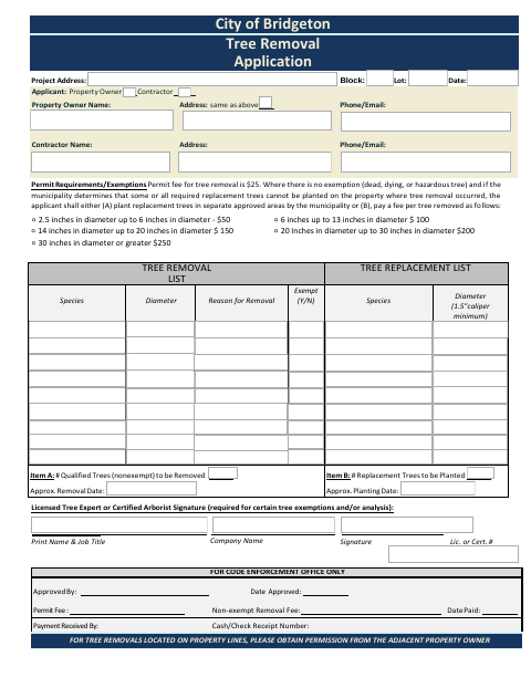 First page of the Tree Removal Application