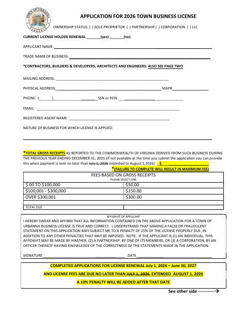 First page of the 2026 Town Business License Application