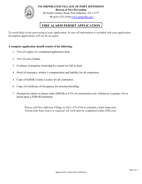 First page of the Fire Alarm Permit Application