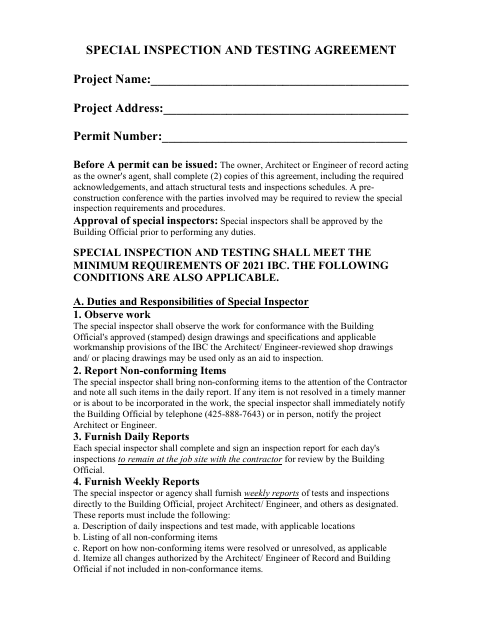 First page of the Special Inspection and Testing Agreement