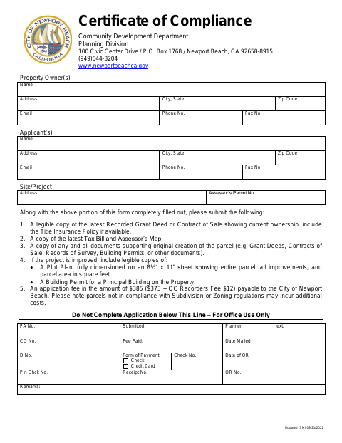 First page of the Certificate of Compliance