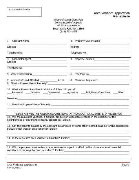 First page of the Area Variance Application