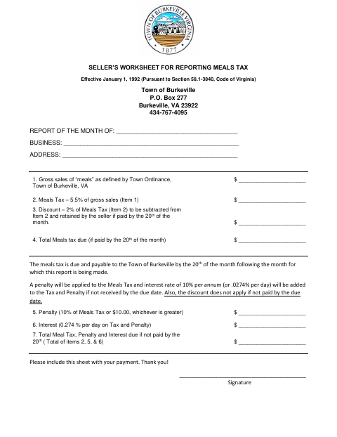 First page of the Seller’s Worksheet for Reporting Meals Tax