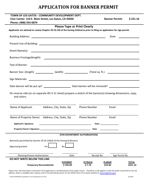 First page of the Application for Banner Permit