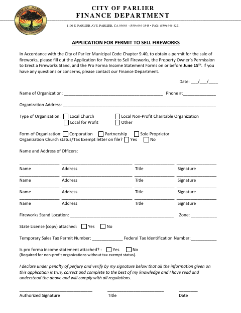 First page of the Application for Permit to Sell Fireworks