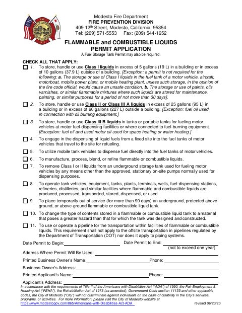 First page of the Flammable and Combustible Liquids Permit Application