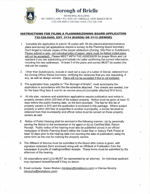 First page of the Planning Board Application