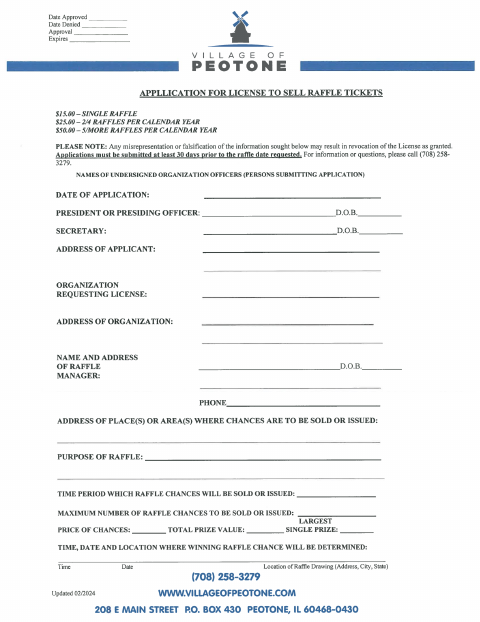 First page of the Application for License to Sell Raffle Tickets
