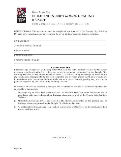 First page of the Field Engineer’s Rough Grading Report