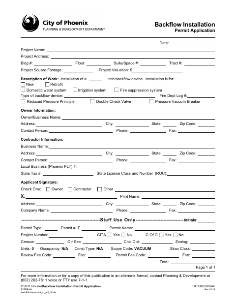 First page of the Backflow Installation Permit Application