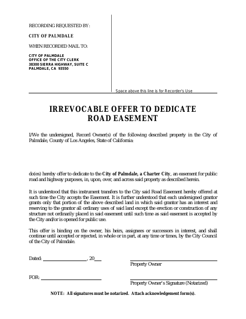 First page of the Irrevocable Offer to Dedicate — Road Easement