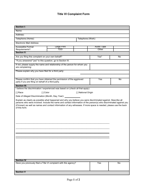 First page of the Title VI Complaint Form