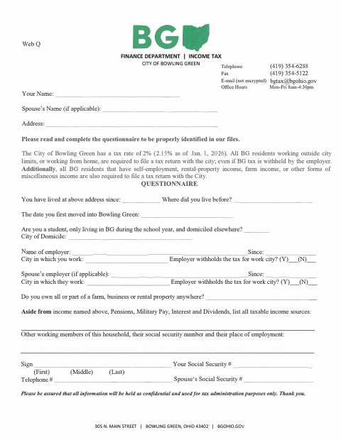 First page of the City Tax Questionnaire for Individual Taxpayer