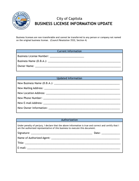 First page of the Business License Information Update