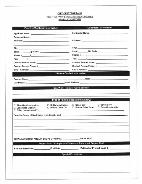 First page of the Right-of-Way Encroachment Permit Application