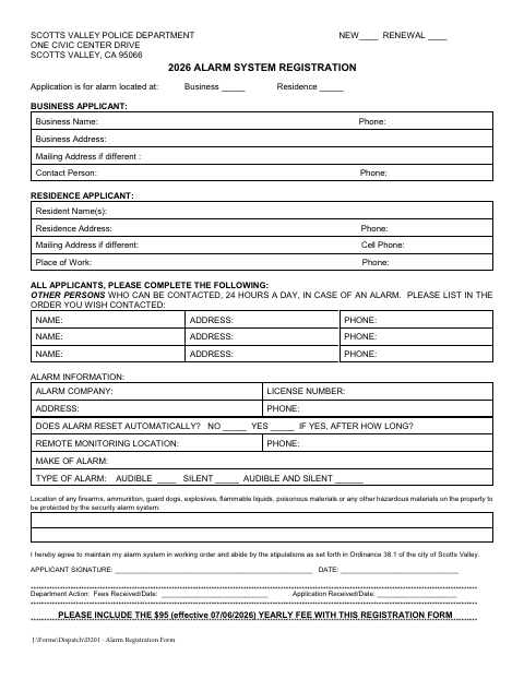 First page of the Alarm System Registration