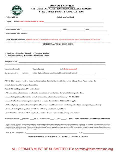 First page of the Residential Addition, Remodel, and Accessory Structure Permit Application