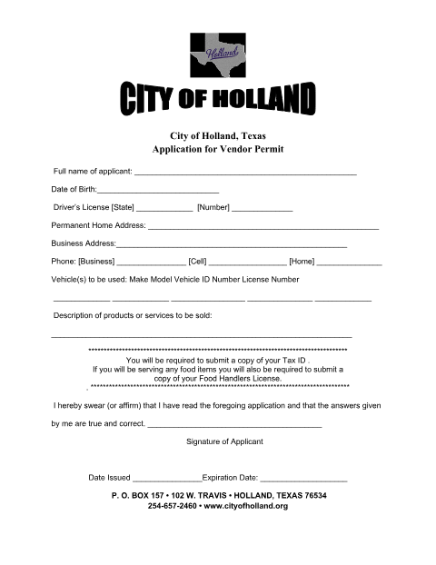 First page of the Vendor Permit Application