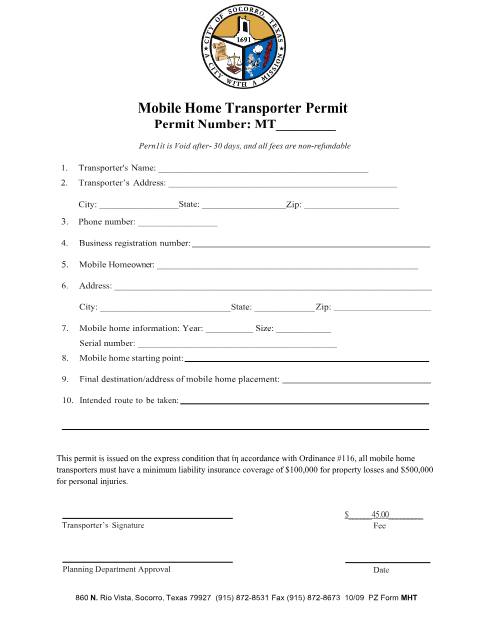 First page of the Mobile Home Transporter Permit