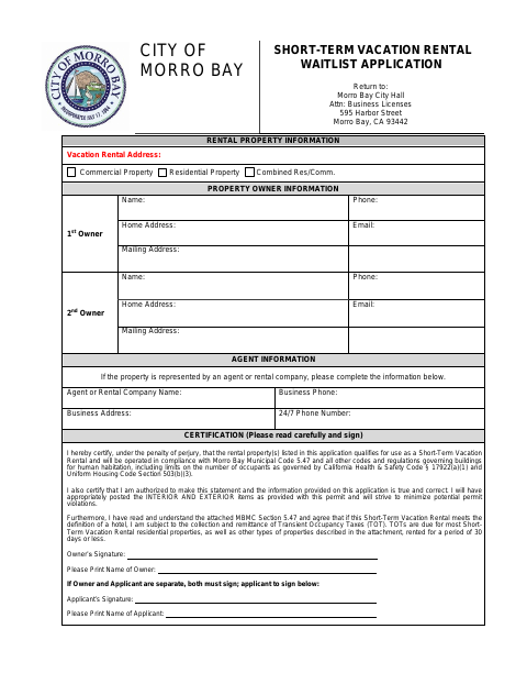 First page of the Short-Term Vacation Rental Waitlist Application