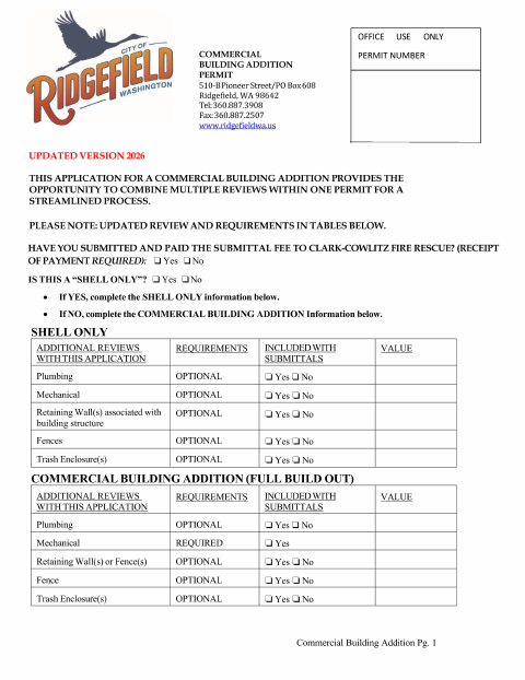 First page of the Commercial Building Addition Permit