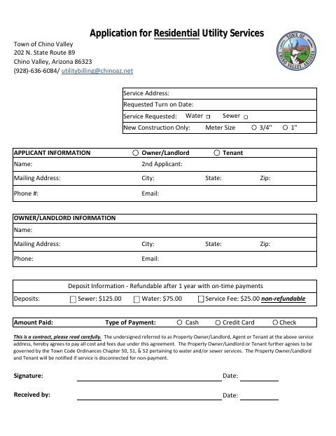 First page of the Application for Residential Utility Services