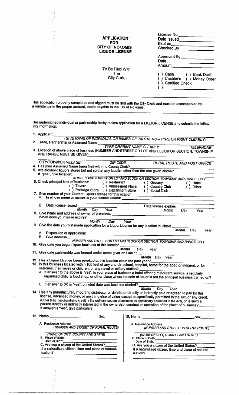 First page of the Application for City Liquor License