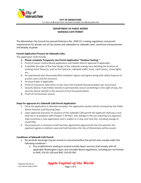 First page of the Sidewalk Café Permit