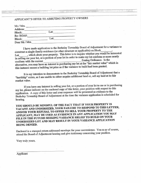 First page of the Applicant’s Offer to Abutting Property Owners