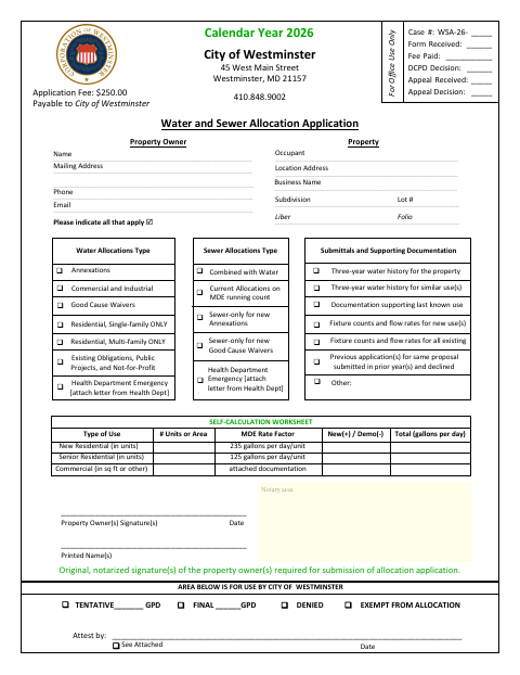 First page of the Water and Sewer Allocation Application