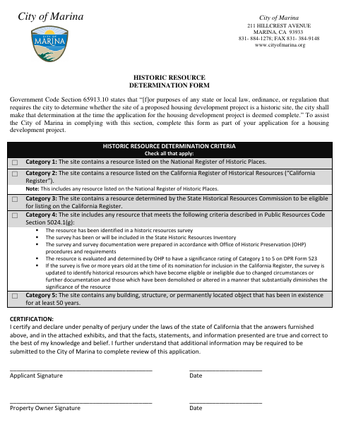 First page of the Historic Resource Determination Form