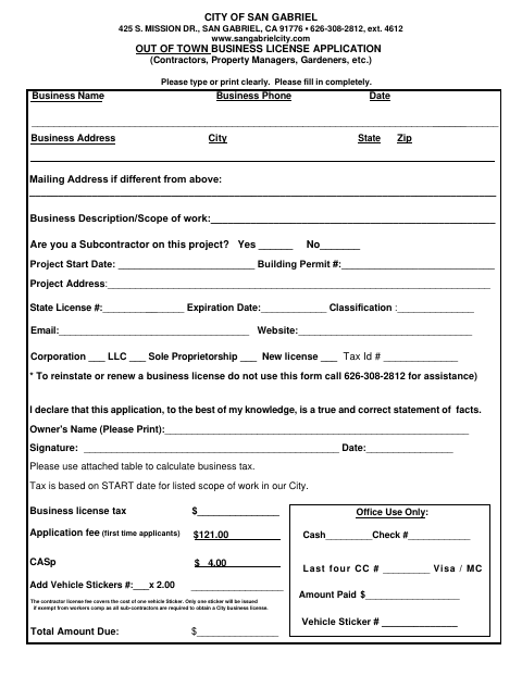First page of the Out of Town Business License Application