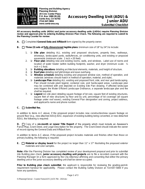 First page of the Accessory Dwelling Unit (ADU) & Junior ADU Submittal Checklist and Affidavit
