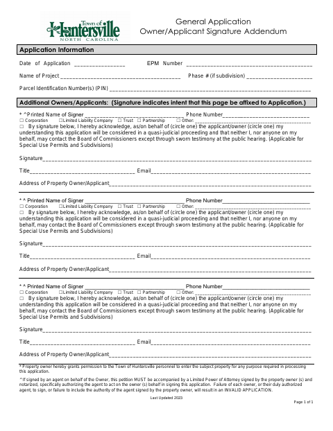 First page of the General Application Applicant/Owner Signature Addendum