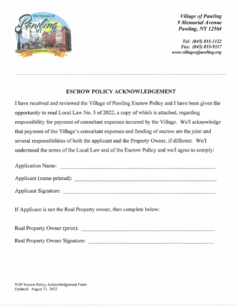 First page of the Escrow Policy Acknowledgment Form