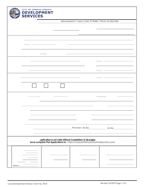 First page of the Application for Land Subdivision