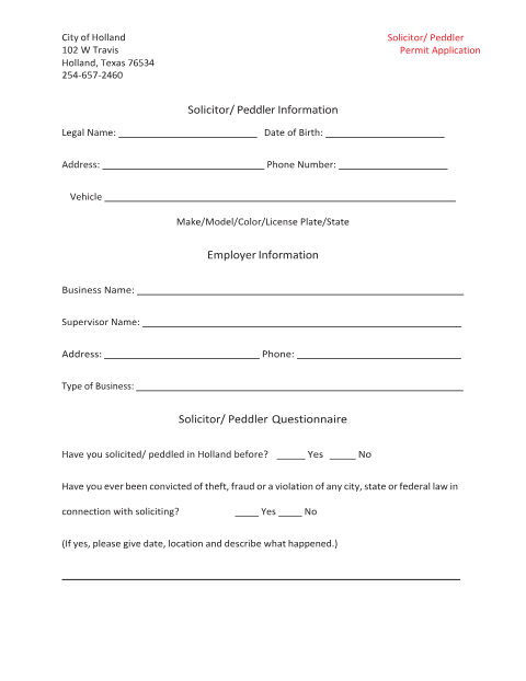 First page of the Solicitor/Peddler Permit Application