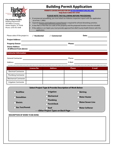 First page of the Building Permit Application