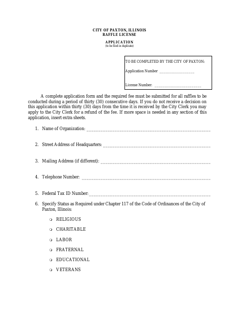 First page of the Raffle License Application
