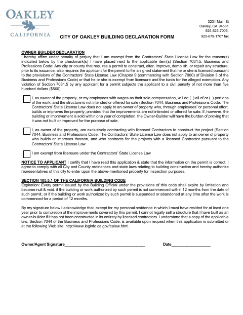 First page of the Building Declaration Form