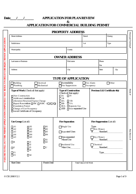 First page of the Plan Review and Commercial Building Permit Application