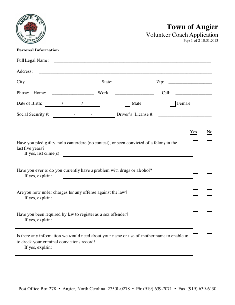 First page of the Volunteer Coach Application