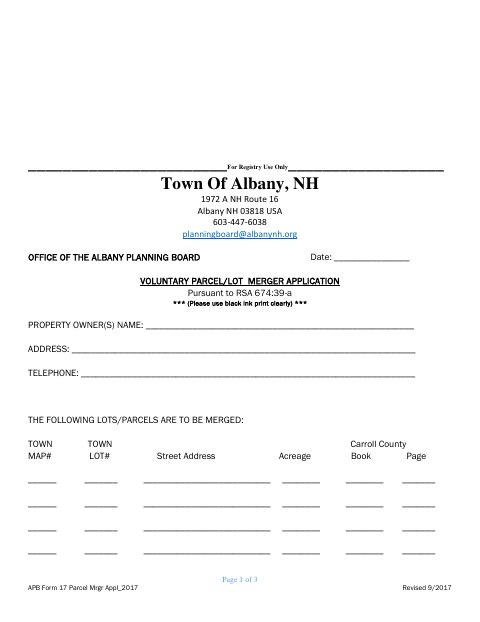First page of the Voluntary Parcel/Lot Merger Application