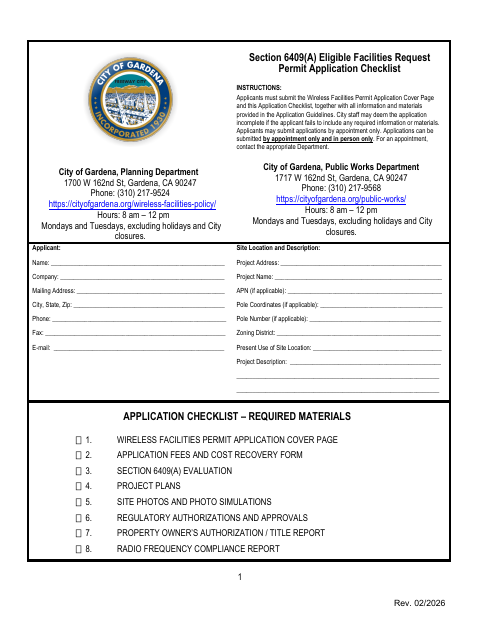 First page of the Section 6409(A) Eligible Facilities Request Permit Application