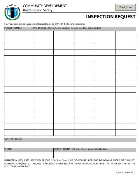 First page of the Inspection Request