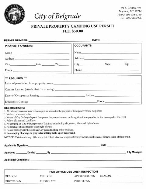 First page of the Private Property Camping Use Permit