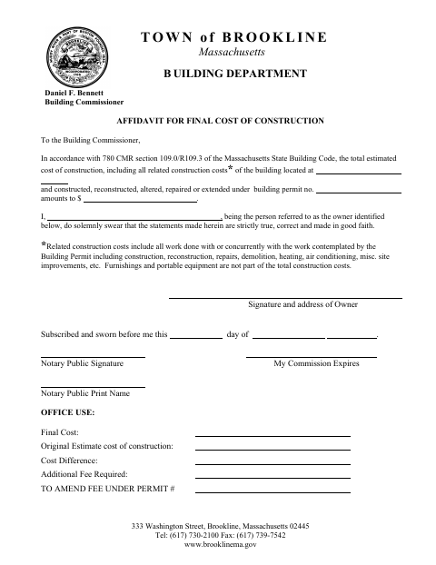 First page of the Affidavit for Final Cost of Construction