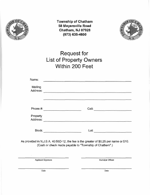 First page of the 200-Foot Property Owner List Request