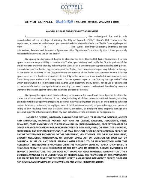 First page of the Block’n Roll Trailer Rental Waiver Form