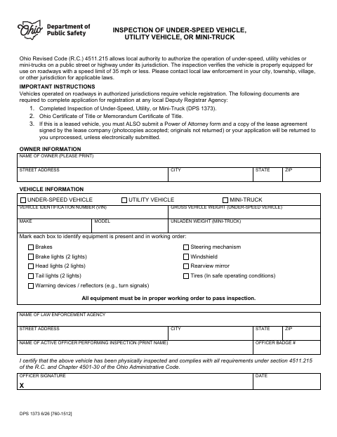 First page of the Inspection of Under-Speed Vehicle, Utility Vehicle, or Mini-Truck